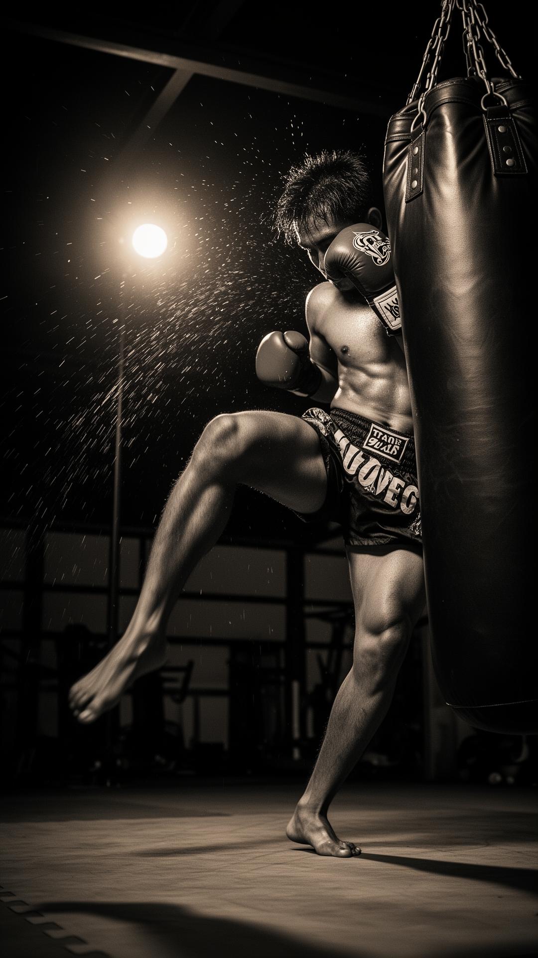 Fighter throwing a knee strike on the heavy bag